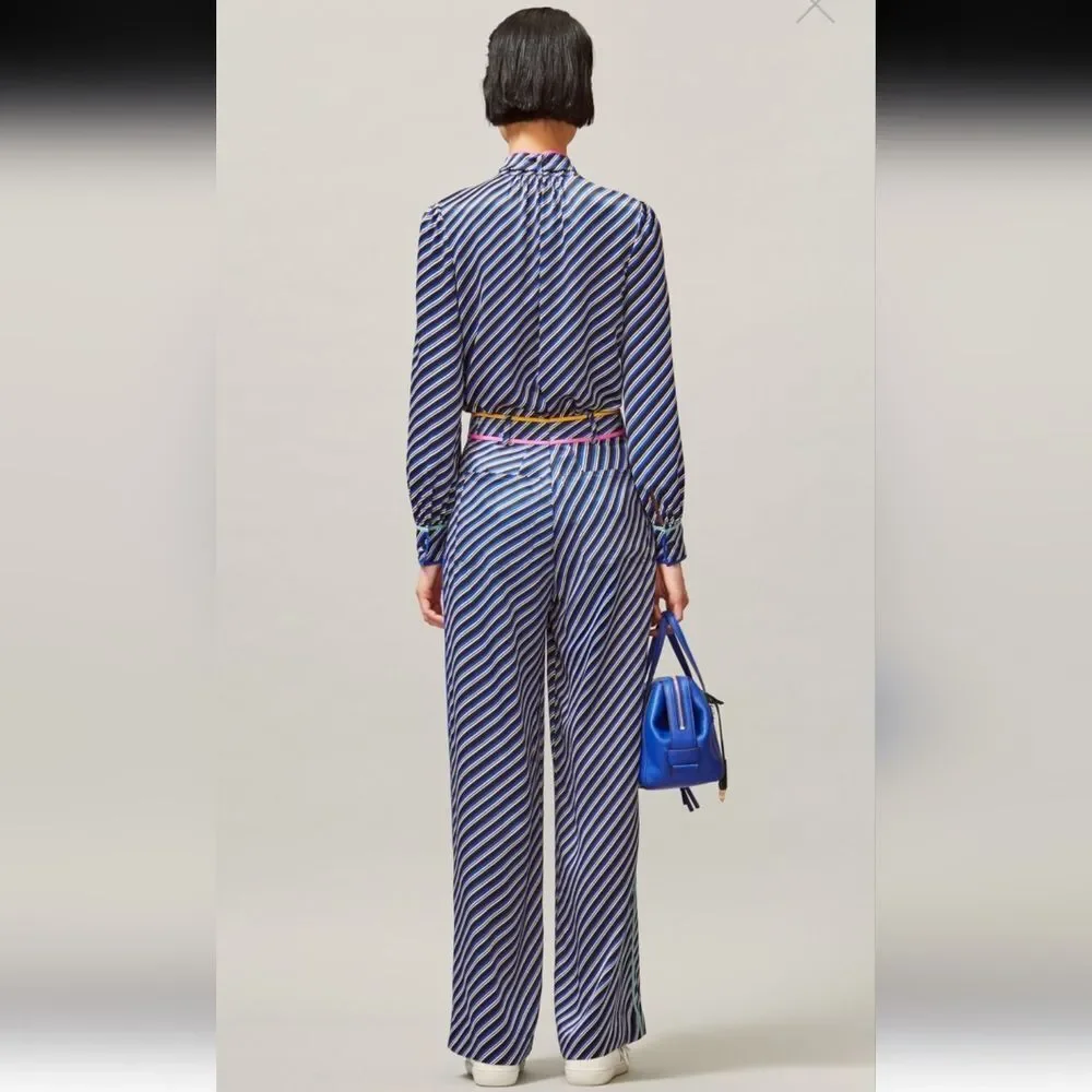 Tory Burch Blue and White Tie Front Long Sleeve Blouse - Picture 4 of 10